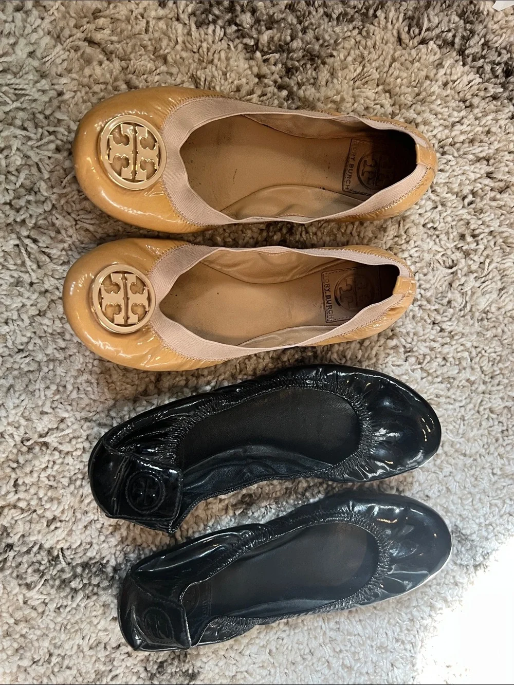 TORY BURCH Patent Leather Ballet Flats in Tan and Black - 2 Pairs!